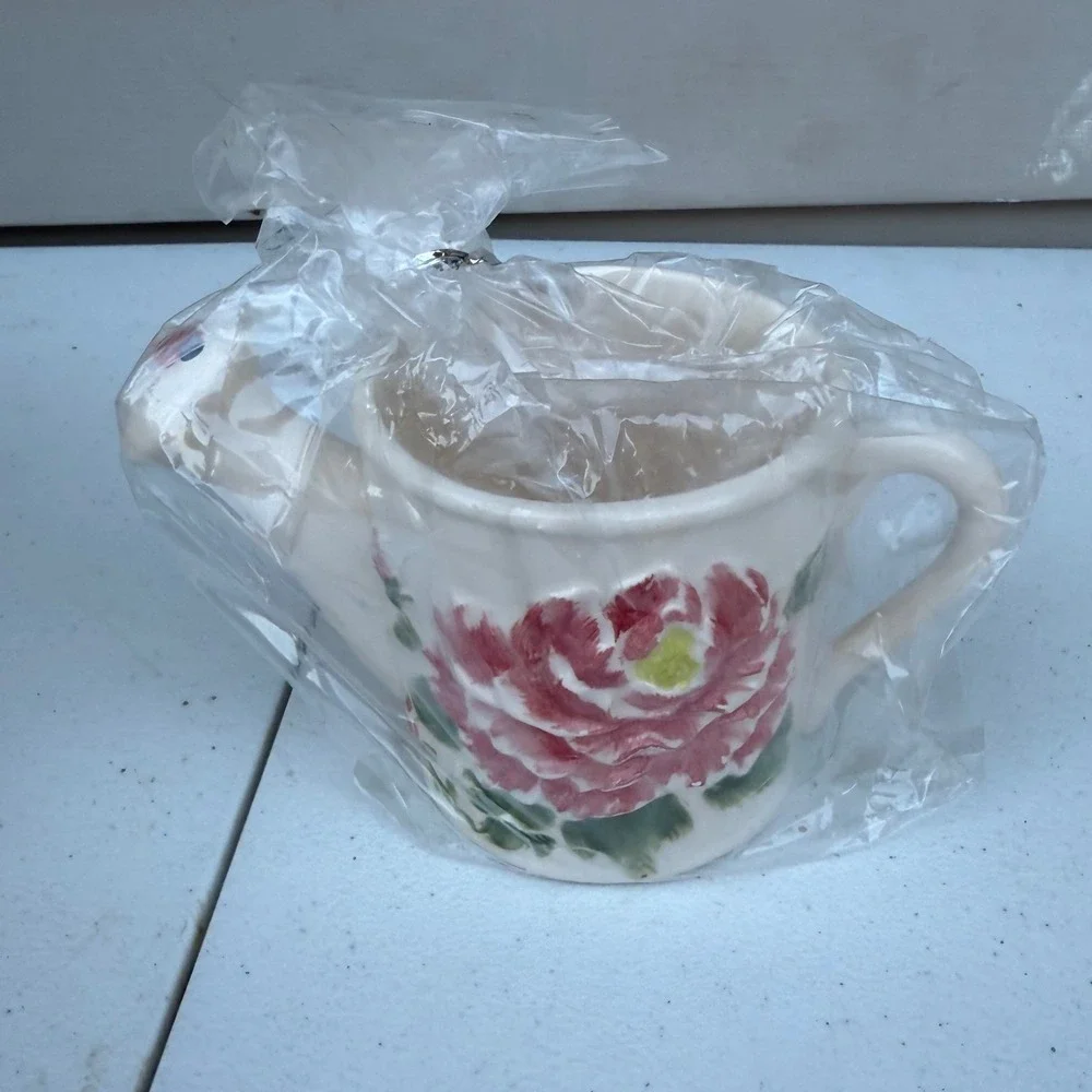 Ceramic Miniature Watering Can Pink Peony Flower Ladybug Cottagecore Decor 4.5in